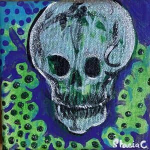 Original Acrylic Painting 4x4 Purple and Green and Silver Skull Painting